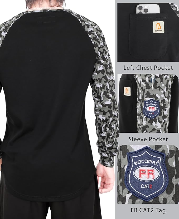BOCOMAL FR Shirts for Men Lightweight Crew Long Sleeve Flame Resistant/Fire Retardant Shirt…