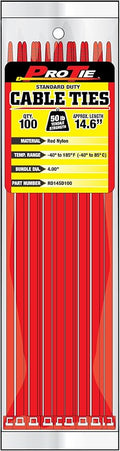 Pro Tie Standard Duty, Self-Locking Nylon Cable Wire Ties for Indoor and Outdoor Use | 14.6-Inch, 50 lbs. Tensile Strength, Red Nylon, 100-Pack (PN: RD14SD100)