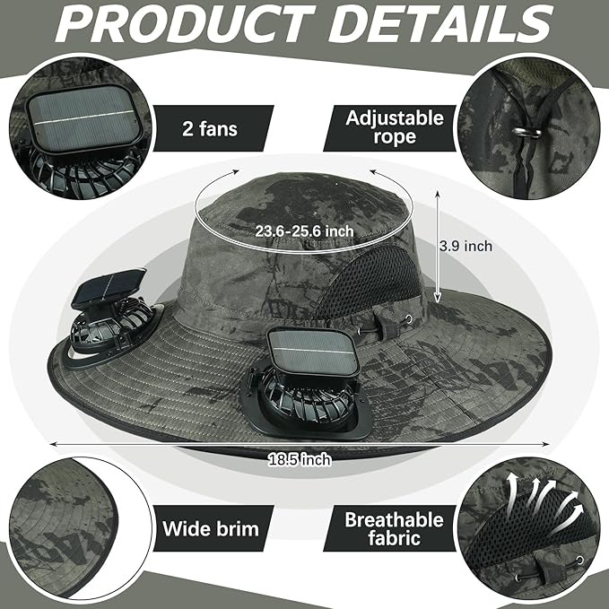 2 Pcs Solar Fan Hats Wide Brim Fishing Hats with 2 Solar Fan and Removable Face Cover Cooling Buckets for Men Women