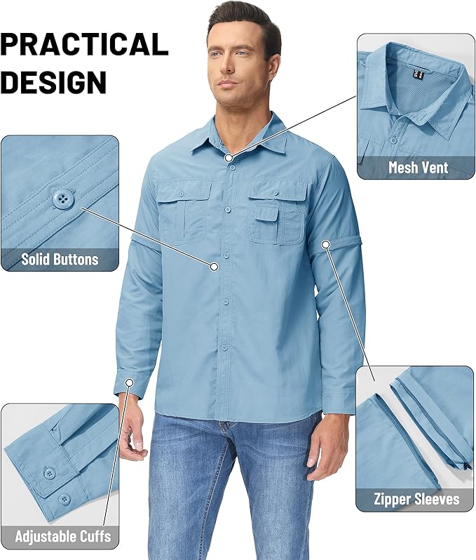 TACVASEN Men's Convertible Long Sleeve Fishing Shirts Lightweight Quick Dry Button Up Tactical Sun Shirts for Safari Hiking