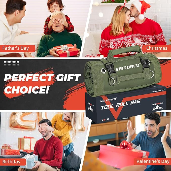 Roll Up Tool Bag, Gifts for Him Men Dad Husband Boyfriend Fathers Day, Portable Tools Storage for Men, Heavy Duty Tool Organizer W/Detachable Pouches for Electrician Mechanic Carpenter