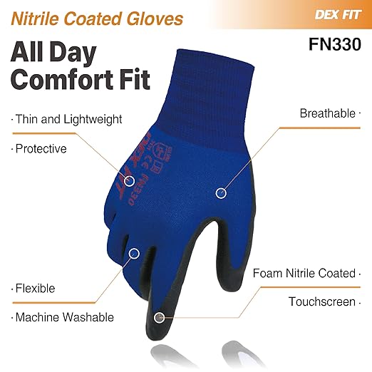 DEX FIT Nitrile Work Gloves FN330, 3D-Comfort Stretchy Fit, Firm Grip, Thin & Lightweight, Touch-Screen Compatible, Durable, Breathable & Cool, Machine Washable; Blue XL (10)