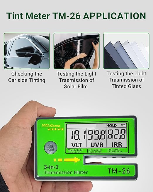 Digital Window Tint Meter TM-26 – Automotive VLT Tester with UVR & IRR Measurement, 8mm Slot Light Transmittance Meter for Car Side Windows and Solar Film Inspection (with PU Case)