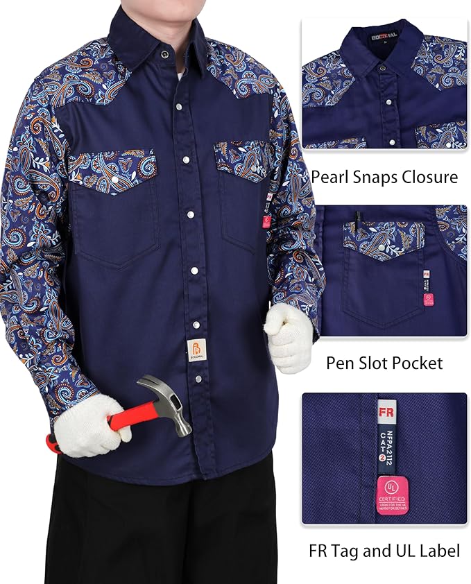 BOCOMAL FR Shirts Pearl Snaps Two Tone Plaid/Solid Flame Resistant Cotton Welding Shirt NFPA 2112 CAT 2