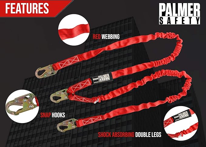 Palmer Safety L121233 6 FT Double Legs Safety Lanyard Internal Shock Absorber w/Dual Snap Hooks I OSHA/ANSI Compliant Restraint Lanyards I Ideal Use for Arborist, Roofer & Construction Workers