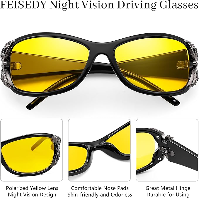 FEISEDY Classic Womens Night Glasses Driving Anti Glare Wrap Around Yellow Sunglasses B2548