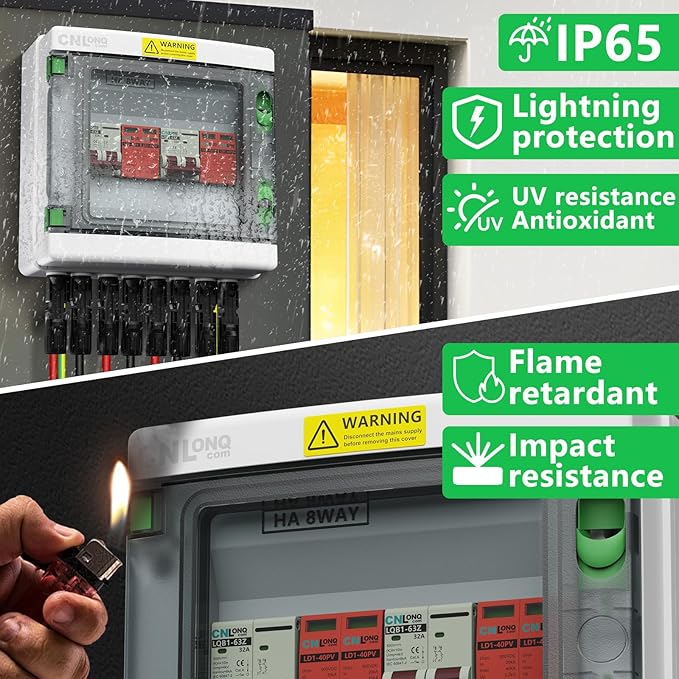 2 Strings Solar Disconnect Switch 32 Amp DC 500V Circuit Breaker with Lightning Surge Protector Arrester and IP65 Waterproof PV Combiner Breaker Box 2 in 2 Out for Solar Panel System
