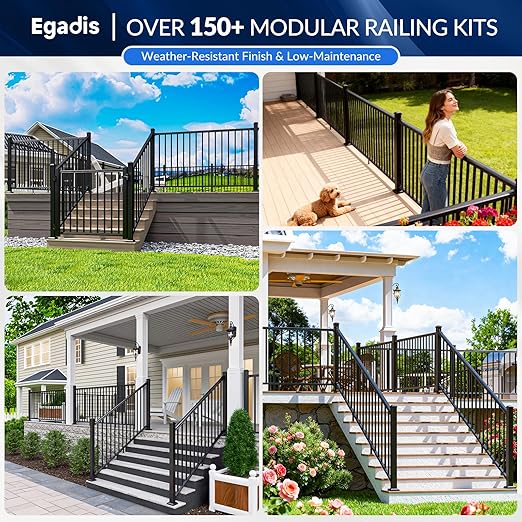 Egadis 36 in. H x 6 ft. W Porch and Deck Railing Kit, Aluminum Railing Kit, Black Textured AAMA 2604 Powder-Coat Finish Railing System for Outdoor Decks, Porches & Balconies (1 Post, 1 Panel)