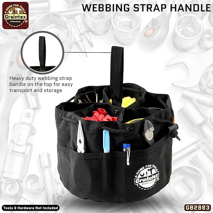 Graintex 18 Pockets Grab Bag Rip-stop Canvas Drawstring Closure, Small Part Organizer Pouch, Small Tools, Screws, Parts, Parachute Tool Bag for Efficient Storage - Black
