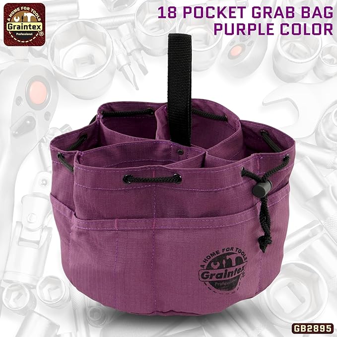 Graintex 18 Pockets Grab Bag Rip-stop Canvas Drawstring Closure, Small Part Organizer Pouch, Small Tools, Screws, Parts, Parachute Tool Bag for Efficient Storage - Purple