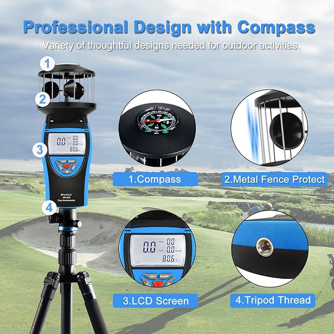 HoldPeak Handheld Cup Anemometer with Compass, 360° Wind Measuring Digital Air Wind Speed Meter, 93MPH Wind Speed Measuring Device Gauges for Outdoor Sailing HVAC Golf Shooting
