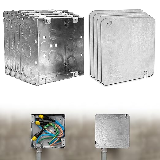 (4 Pack) Airmont Products 4-11/16” Square Electrical Box and Cover Kit, UL Listed Welded Metal Junction Box, 2-1/8” Deep, 42 Cu in, Flat Blank Cover with Keyhole and Slotted Mounts