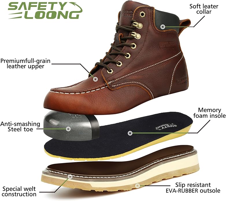 Moc Toe Work Boots for Men Waterproof Soft/Steel Toe Comfortable Full Grain Leather Non Slip Wedge Outsole Construction 6" Workboots