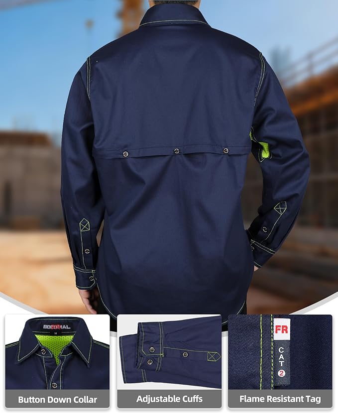 BOCOMAL FR Shirt for Summer Lightweight Vented Mesh Back and Underarm Breathable Flame Resistant Welding Button Down Shirts