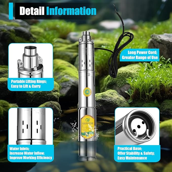 Solar Water Pump Deep Well DC 24V 370W w/Steel Submersible Pump Irrigation Garden,Solar Submersible Pump 65m