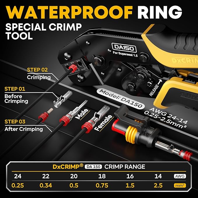 Automotive Electrical Connectors & Crimping Tool Kit, 1-6 Pin 1.5 Series Waterproof Wire Plugs 24-14 AWG with Ratcheting Crimper, Dust Caps, Wire Stripper & Removal Tool for Auto Marine Wiring