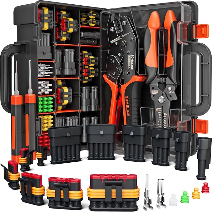 SOMELINE Crimping Tool Kit, Waterproof Automotive Electrical Connectors (1/2/3/4/5/6 Pin), 22–14 AWG Ratchet Crimper & Terminal Removal Tools for Car/Motorcycle/Boat
