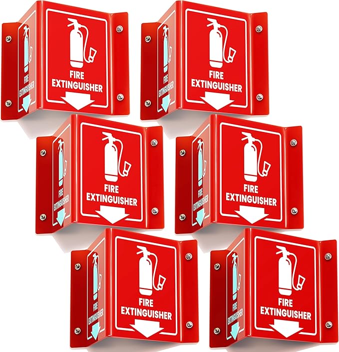 6 PC Fire Extinguisher Signs, 6 Inch Fire Extinguisher Two-Sided Acrylic Projecting V-Sign with Down Arrow, Including Screws