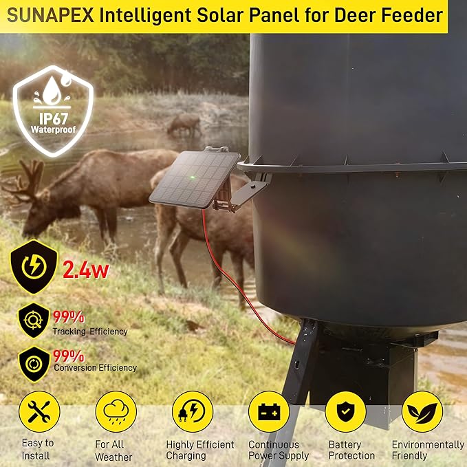 SUNAPEX Solar Panel for Deer Feeder: 12V 2.4W ETFE Waterproof Solar Battery Charger with Indicator Light, Adjustable Mounting Bracket for Game Feeder Timer, Rechargeable Batteries, Camera