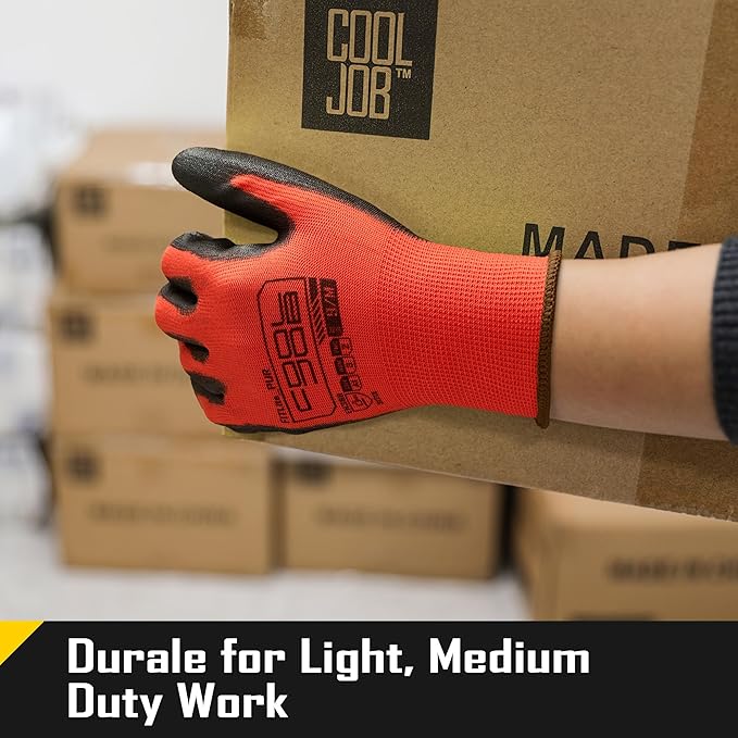 COOLJOB 60 Pairs Safety Work Gloves Pack Bulk with Grip PU Coating, 13 Gauge Seamless Knit Gloves with Polyurethane Dipped for Warehouse Working, Breathable Lightweight for Men Women, Red Large