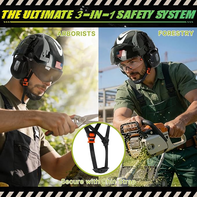 Hard Hat with Dual Visor and Hearing Protection-OSHA Approved Construction Hard Hats with Visor Sunglasses Earmuffs for Men,Vented Forestry Chainsaw Arborist Helmet with Chin Straps