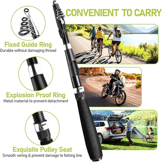Fishing Pole and Reel Combo - 2PCS Carbon Fiber Telescopic Rods Spinning Reels Saltwater/Freshwater Kit with Lures, Line and Carrier Bag, Travel Fishing Gear for Adults