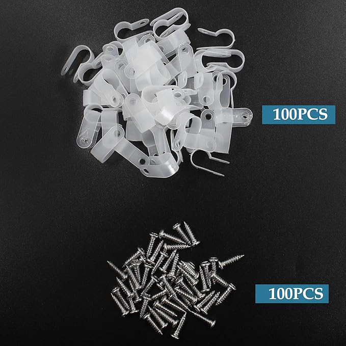 100 Pcs 3/8 Inch R-Type Clip Clamp, Nylon P-Type Mounting Clips, Cable Clip Wire Clamp for Wire Management, Stainless Steel Screws Included