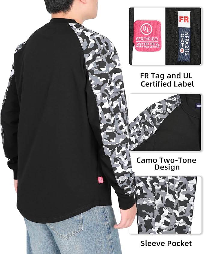 BOCOMAL FR Shirts 6oz Lightweight Flame Resistant Long Sleeve Henley Shirt Fire Retardant Workwear NFPA2112 CAT2