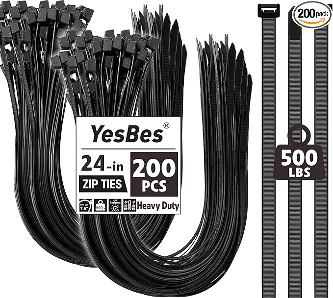 200 PCS Zip Ties 24 Inch Heavy Duty, Large Cable Ties 500lbs Tensile Strength, Black Zip Ties for Indoor and Outdoor Use, UV Resistant Wire Ties
