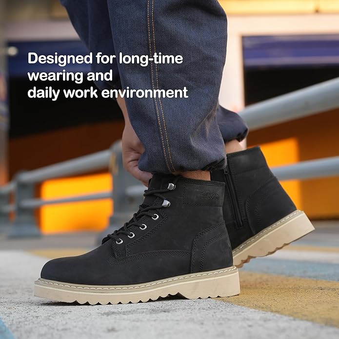 Side Zipper Soft Toe Work Boots for Men 6" with Welt Construction, Lightweight Utility Nubuck Leather Shoes, Featuring Speed Hooks, Slip & Water Resistant Mens Ankle Workboots