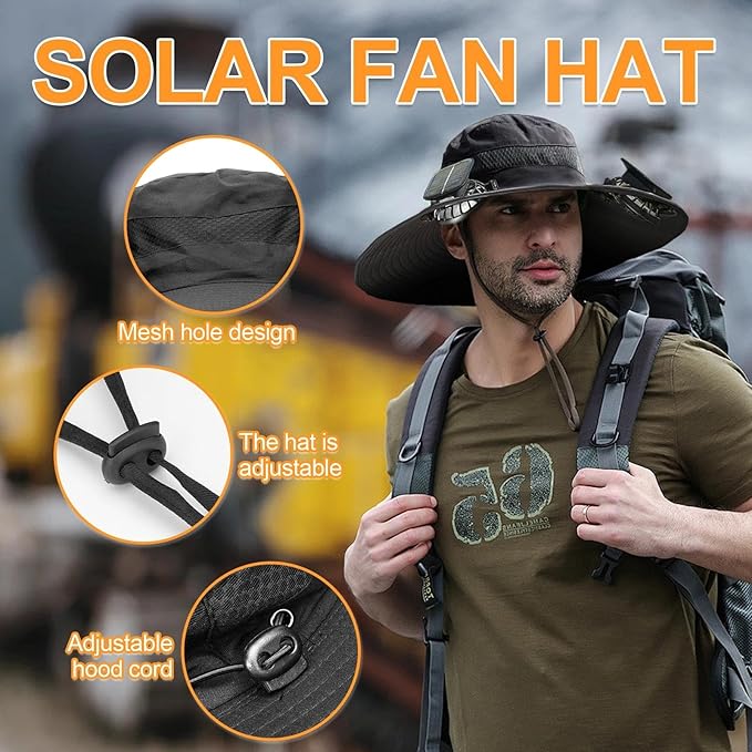 Wide Brim Solar Fan Outdoor Fishing Hat, 2 Solar Fan Hats for Men, Hat with Solar Fans Built in, Fishing Hat with Fan for Men