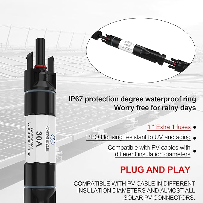 OYMSAE 2PCS 30A Solar Fuse Holder Inline Male and Female Connector 30 Amp PV Fuse for Solar Pannel Waterproof w/Fuse, Black