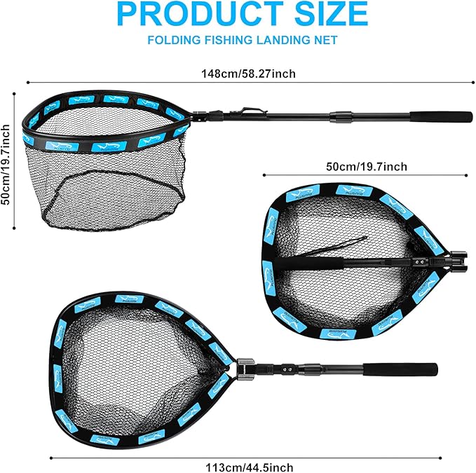 PLUSINNO Fishing Net Fish Floating Landing Net, Kayak Nets with Fixed Foldable Telescopic Pole Handle, Bass Trout Fishing Nets with Nylon Mesh for Pond Lake River, Fishing Gear Gifts for Men Anglers
