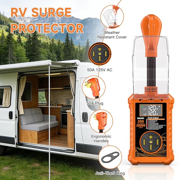 RV Surge Protector 50 Amp - 20000 Joules Power Voltage Protection Surge Protectors, RV Circuit Analyzer with LED Display IP68 Waterproof Cover, RV Adapter Plug for Campers & Travel Trailers