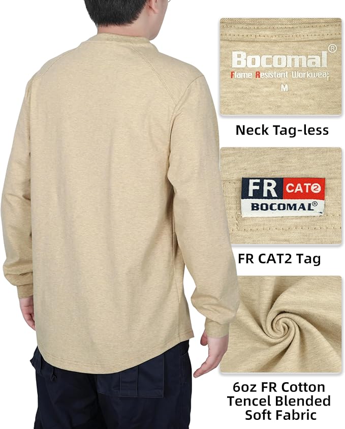 BOCOMAL Men's FR Shirts Long Sleeve Crewneck EX Soft Heather Series 6oz Midweight Flame Resistant Work T Shirt CAT2