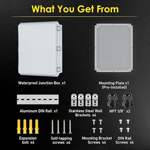 Waterproof Electrical Junction Box Outdoor, IP67 Plastic Weatherproof Electrical Enclosure for WiFi Electronics, with Aluminum DIN Rail, Mounting Plate, Wall Brackets (20.1''×16.1''×7.9'')