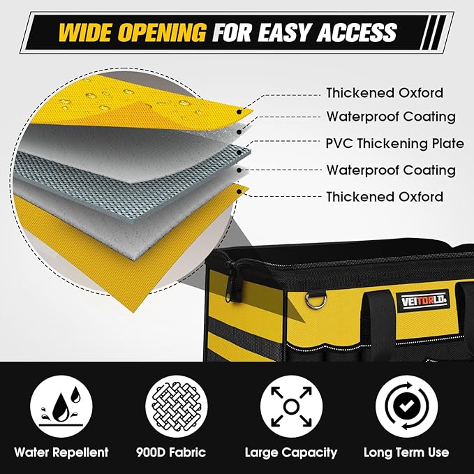 16-Inch Heavy Duty Tool Bag, 19-Pockets Tool Box Organizer, Portable Toolbag W/Soft Handle for Organized Storage, Mechanic Gifts for Men Dad Husband Fathers Day, Wide Mouth Electrician Toolbox, Yellow