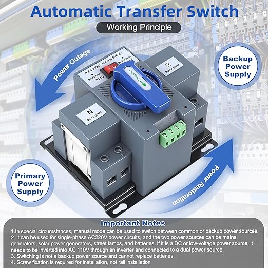 220V 63A Dual Power Automatic Transfer Switch, ATS 2P 50/60Hz, Generator Changeover Switch