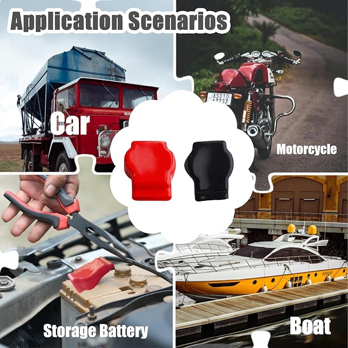 Battery Terminal Covers 4 Pack (2 Red 2 Black), Flexible PVC Insulating Caps for SAE Top Post Battery Clamps, Dust & Moisture Protection, Anti-Corrosion Terminal Boots for Car Truck RV Boat Marine