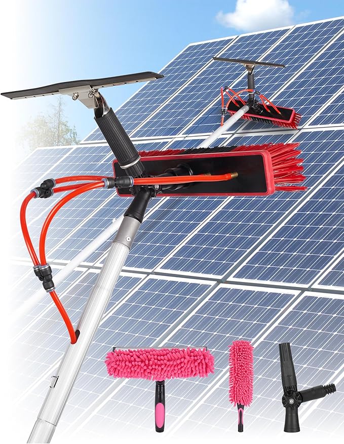 26ft Solar Panel Cleaning Brush & Squeegee, 2 Dusting Brush, Lightweight & Extendable Poles, Water Fed Poles Kit for Roof Window Greenhouse