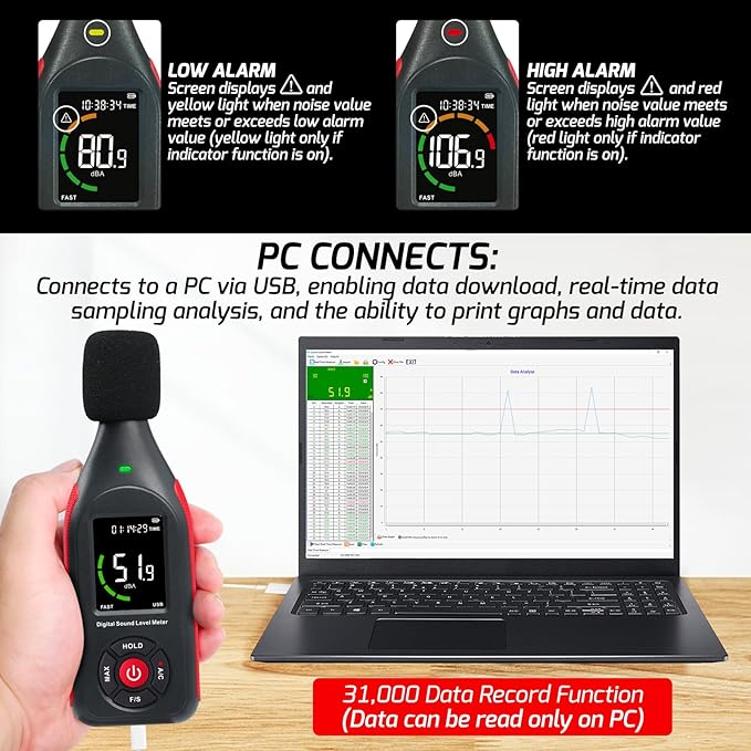 Decibel Meter Data Logger, Digital Sound Level Meter with Recording, dB Meter 30~130dB, 31,000 Data, 3Color Light Alarm, USB Rechargeable SPL Meter for Home, Classroom, Office, Neighbor, Industrial