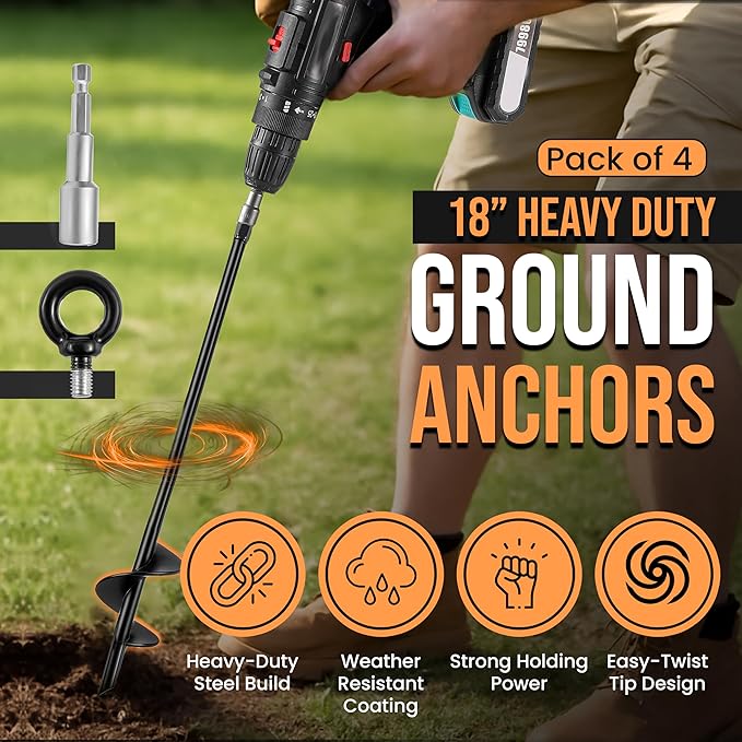 18'' Ground Anchors Screw in Tent Stakes Heavy Duty Earth Anchors - Solid Steel with Sharp Tips & 3 inch Helix Blades to Drill Deep for Trampoline, Swing Sets, Carports, Gazebos, Green House Tents