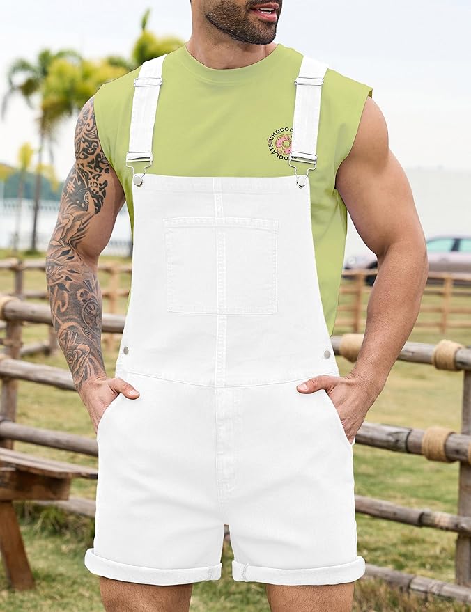 Bindefon Denim Overalls for Men Jean Shorts Jumpsuit Work Bibs Coveralls with Zipper