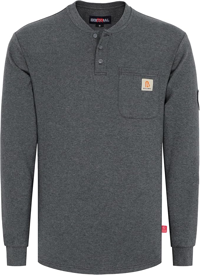BOCOMAL FR Shirts Henley 7oz Midweight Fire Resistant Clothing NFPA2112 CAT2 Men's Flame Retardant Work Shirt