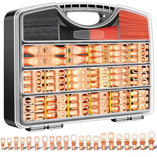 Twidec/230PCS Battery Cable Ends Kit AWG 8 6 4 2 1 1/0 2/0 Heavy Duty Copper Lugs Copper Cable Wire Lugs,Coppers Ring Terminals Connectors with Heat Shrink Tube N-099-230PCS