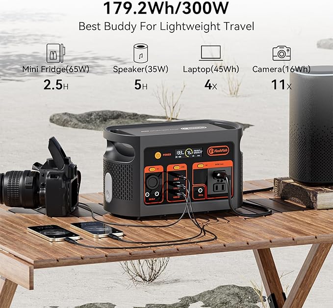 FF Flashfish Portable Power Station, 179Wh LiFePO4 Battery Pack, Solar Generator With 300W AC Output(Peak 600W), UPS, Full Charge in 70Min., Backup Power Emergency Power Supply For Home, Camping, CPAP