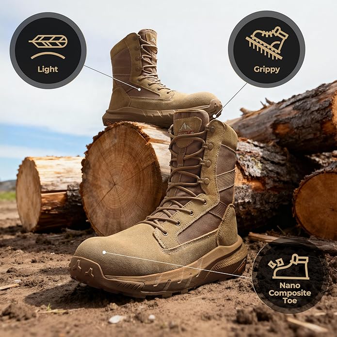 NORTIV 8 Men's 8" Composite Toe Work Boots, Lightweight Side Zipper ASTM F2412-24 & ASTM F2913-24 Safety Military Boots for All-Day Comfort, Peakforce-Nano