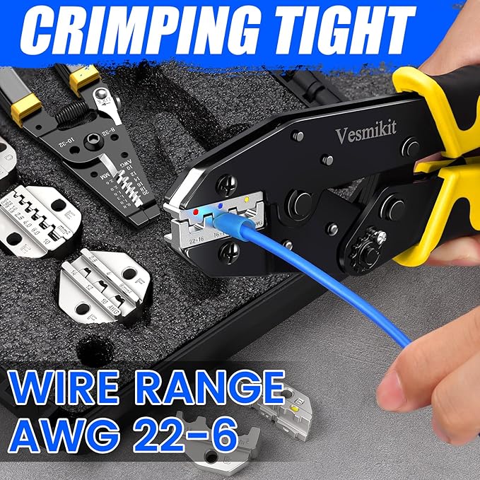 Crimping Tool Set 8PCS - Ratchet Wire Crimping Tool for Heat Shrink,Insulated Nylon,Non-Insulated,wire ferrules,Open Barrel Terminals,Solar Connectors - Crimper with 6 Interchangeable Die
