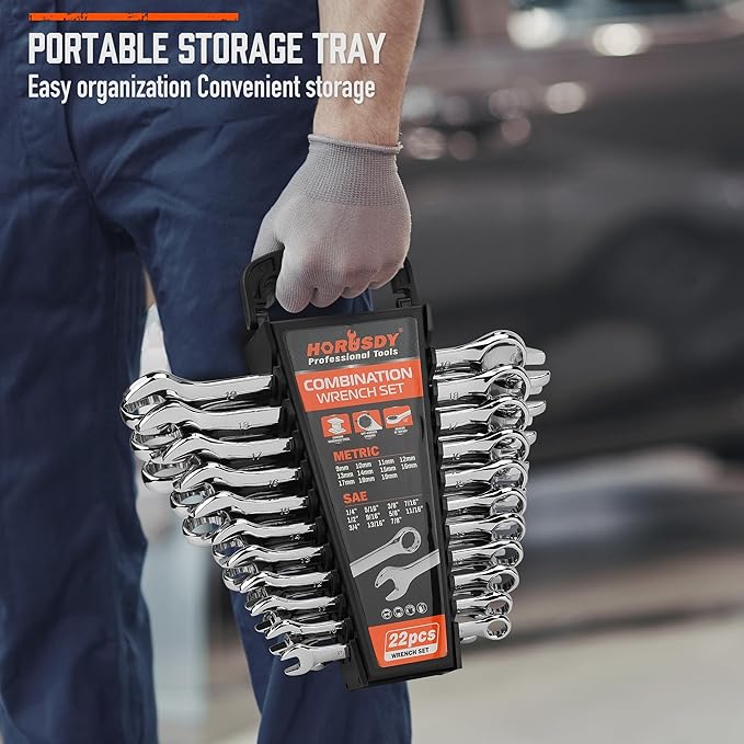 HORUSDY 22-Piece Wrench Set | Metric & SAE Combination Wrench Set with Organizer | 12 Point | Chrome Vanadium Steel