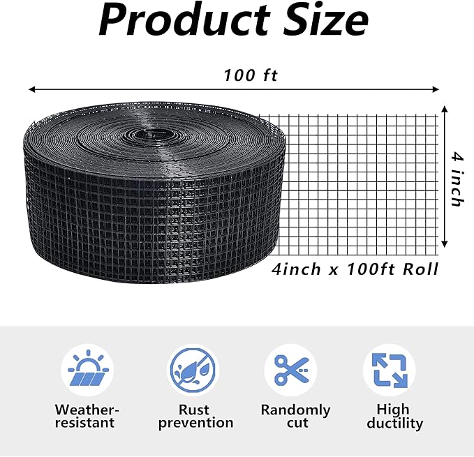 4in X 100ft Critter Guard for Solar Panels, 1/2inch PVC Coated Solar Panel Guard, Wire Mesh Roll Kit for Solar Panels, Black Pigeon Barrier Netting (Only Solar Panel Mesh, No Clips)